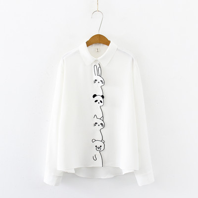 Moterų animacinis filmas Triušis Panda Katė Meškiukas Siuvinėjimas Medvilniniai balti marškiniai Nuleidžiami apykaklės mygtukais aukštyn Miela mergaičių palaidinė Moteriška Blusa T9