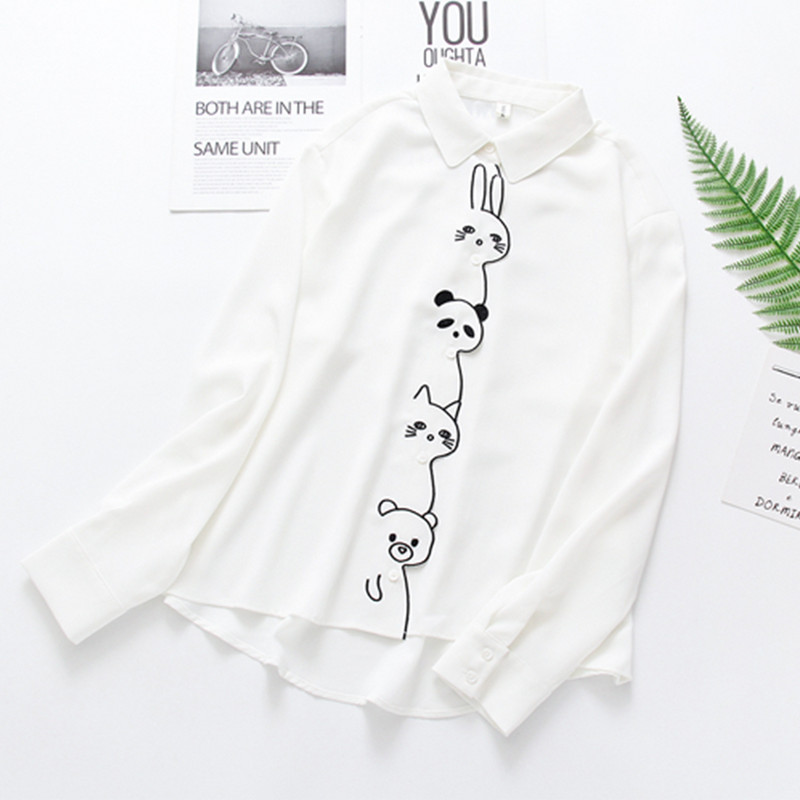 Moterų animacinis filmas Triušis Panda Katė Meškiukas Siuvinėjimas Medvilniniai balti marškiniai Nuleidžiami apykaklės mygtukais aukštyn Miela mergaičių palaidinė Moteriška Blusa T9