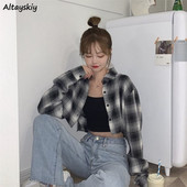 Cămăși în carouri Femei la un singur piept, primăvară, toamnă, stil coreean șic, populare, la modă, îmbrăcăminte de stradă, top crop Ulzang pentru femei
