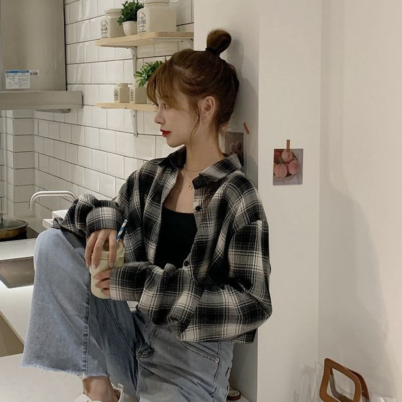 Cămăși în carouri Femei la un singur piept, primăvară, toamnă, stil coreean șic, populare, la modă, îmbrăcăminte de stradă, top crop Ulzang pentru femei