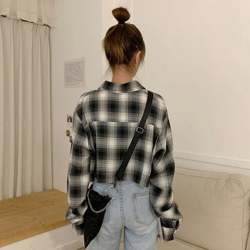 Cămăși în carouri Femei la un singur piept, primăvară, toamnă, stil coreean șic, populare, la modă, îmbrăcăminte de stradă, top crop Ulzang pentru femei