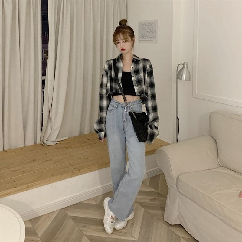 Cămăși în carouri Femei la un singur piept, primăvară, toamnă, stil coreean șic, populare, la modă, îmbrăcăminte de stradă, top crop Ulzang pentru femei