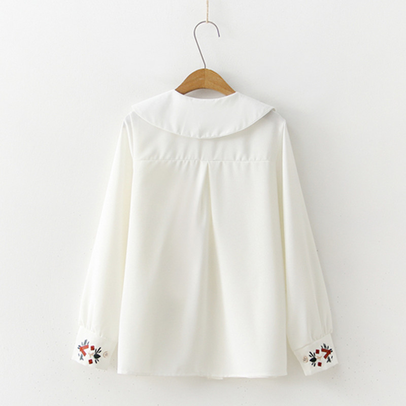 2019 m. Nauja gėlėmis siuvinėta sagutėlė Šifoninė palaidinė ilgomis rankovėmis Peter pan apykaklės marškinėliai Sweet Girls laisvi didelio dydžio viršus T93902F