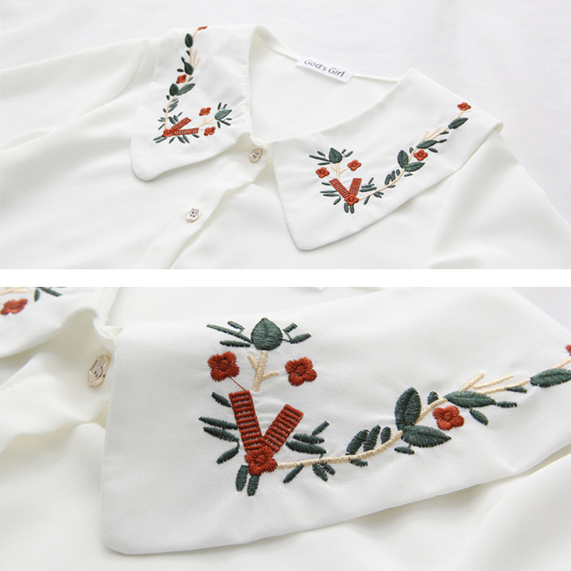 2019 m. Nauja gėlėmis siuvinėta sagutėlė Šifoninė palaidinė ilgomis rankovėmis Peter pan apykaklės marškinėliai Sweet Girls laisvi didelio dydžio viršus T93902F