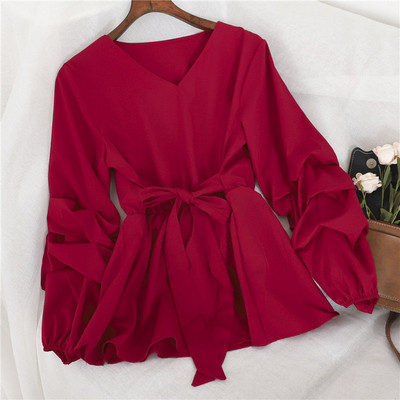 Korejske bluze sa slatkim mašnama na vezanje i V-izrez Ženske elegantne plisirane lampione Košulja dugih rukava Chic, uski pulover u struku