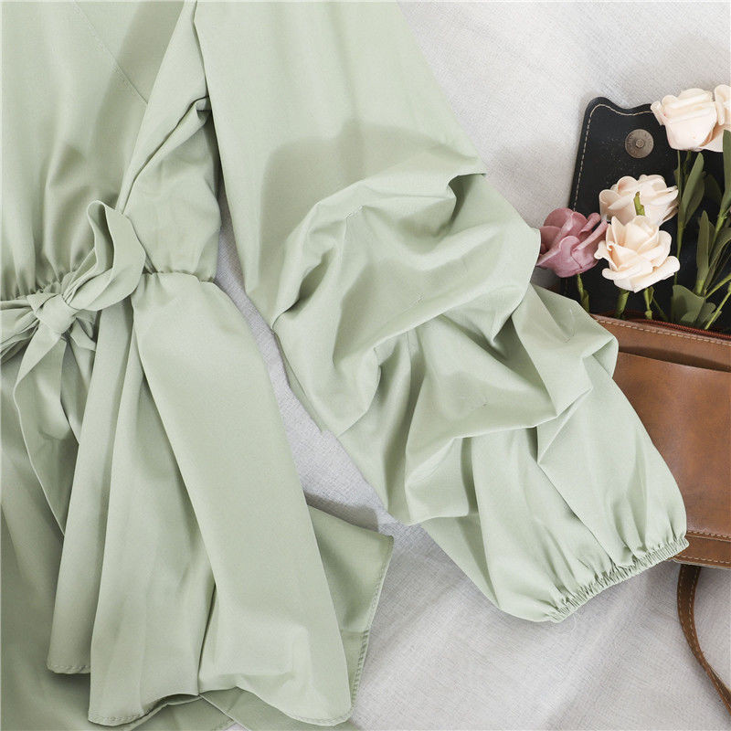 Korejske bluze sa slatkim mašnama na vezanje i V-izrez Ženske elegantne plisirane lampione Košulja dugih rukava Chic, uski pulover u struku
