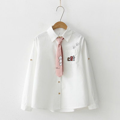 Cămașă albă din bumbac cu broderie pisică din desene animate pentru femei, cu guler răsturnat, cu nasturi, bluză drăguță pentru fete de școală, cu cravată roz Bluză feminină