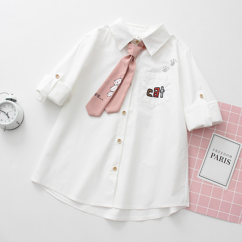 Cămașă albă din bumbac cu broderie pisică din desene animate pentru femei, cu guler răsturnat, cu nasturi, bluză drăguță pentru fete de școală, cu cravată roz Bluză feminină