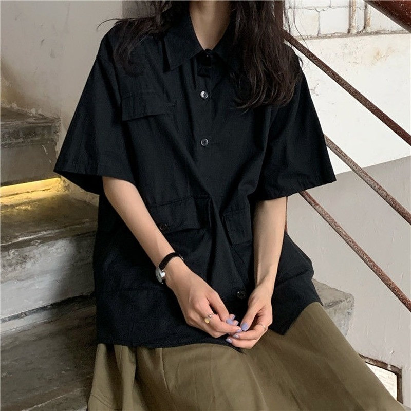 Bluza Žene Košulje Ljeto Pokretni ovratnik Jednobojni džepovi BF Streetwear Cool Moda za slobodno vrijeme Studenti Vintage Ulzzang Više