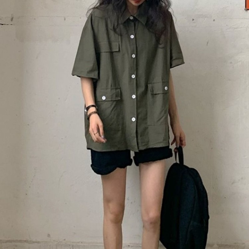 Bluza Žene Košulje Ljeto Pokretni ovratnik Jednobojni džepovi BF Streetwear Cool Moda za slobodno vrijeme Studenti Vintage Ulzzang Više