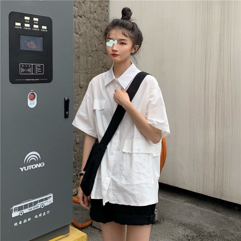 Bluza Žene Košulje Ljeto Pokretni ovratnik Jednobojni džepovi BF Streetwear Cool Moda za slobodno vrijeme Studenti Vintage Ulzzang Više