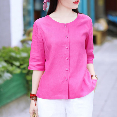 Majice veće veličine Ljetna majica na kopčanje Ženska 100% pamučna bluza O izrez Ležerna ženska odjeća Jednobojna Bijela Crna 4XL