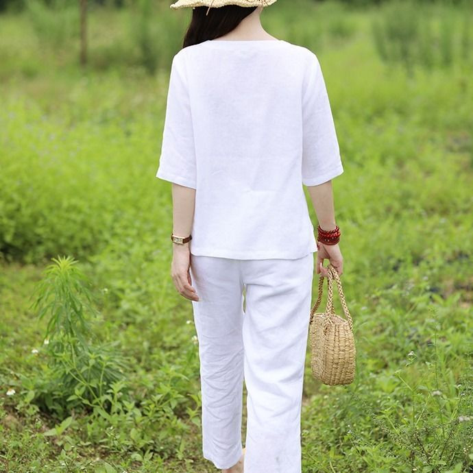 Majice veće veličine Ljetna majica na kopčanje Ženska 100% pamučna bluza O izrez Ležerna ženska odjeća Jednobojna Bijela Crna 4XL