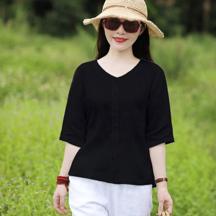 Majice veće veličine Ljetna majica na kopčanje Ženska 100% pamučna bluza O izrez Ležerna ženska odjeća Jednobojna Bijela Crna 4XL
