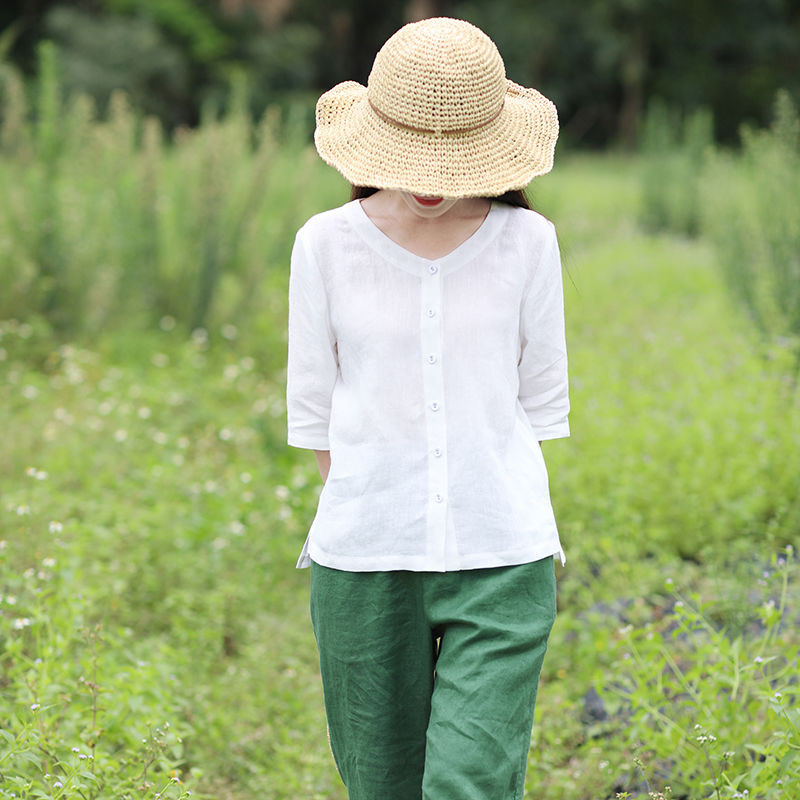 Majice veće veličine Ljetna majica na kopčanje Ženska 100% pamučna bluza O izrez Ležerna ženska odjeća Jednobojna Bijela Crna 4XL