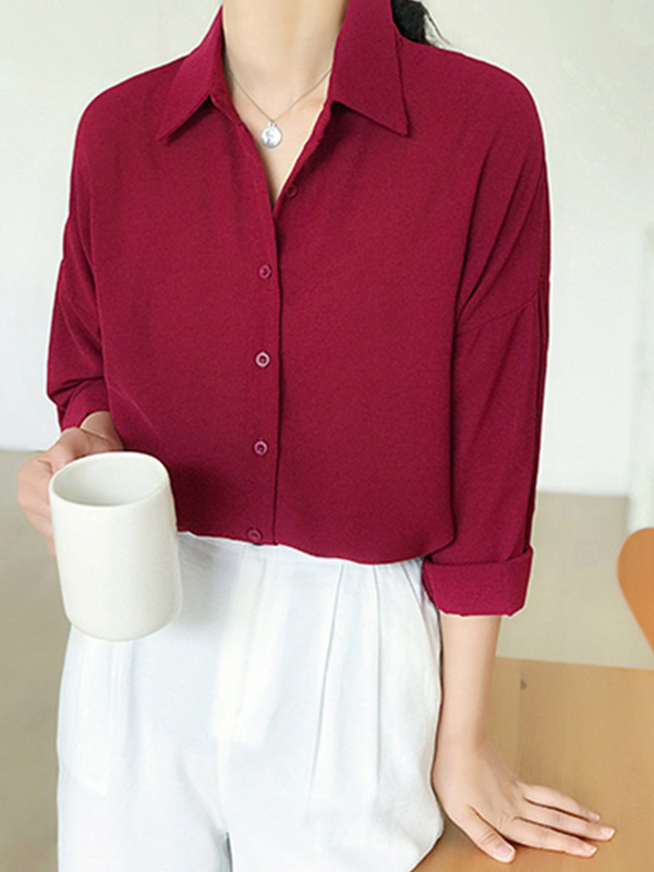 Nauja, moteriška, vientisa apykaklė, šifoninė palaidinė, per didelis mygtukas aukštyn Vyno raudonumo marškinėliai Korėjos stiliaus moteriška blusa T9O905F