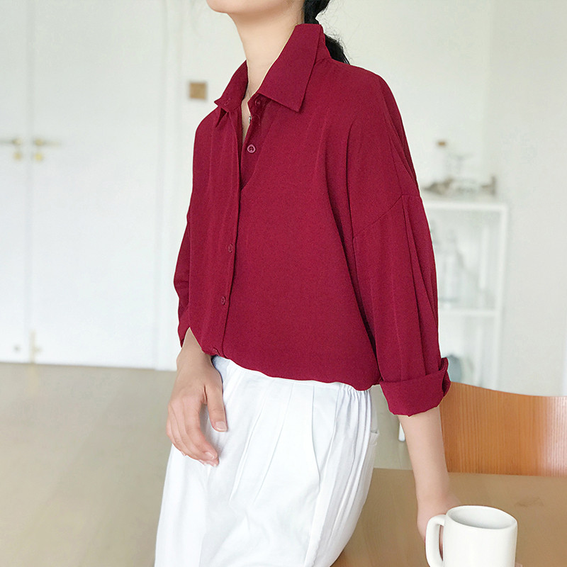 Nauja, moteriška, vientisa apykaklė, šifoninė palaidinė, per didelis mygtukas aukštyn Vyno raudonumo marškinėliai Korėjos stiliaus moteriška blusa T9O905F