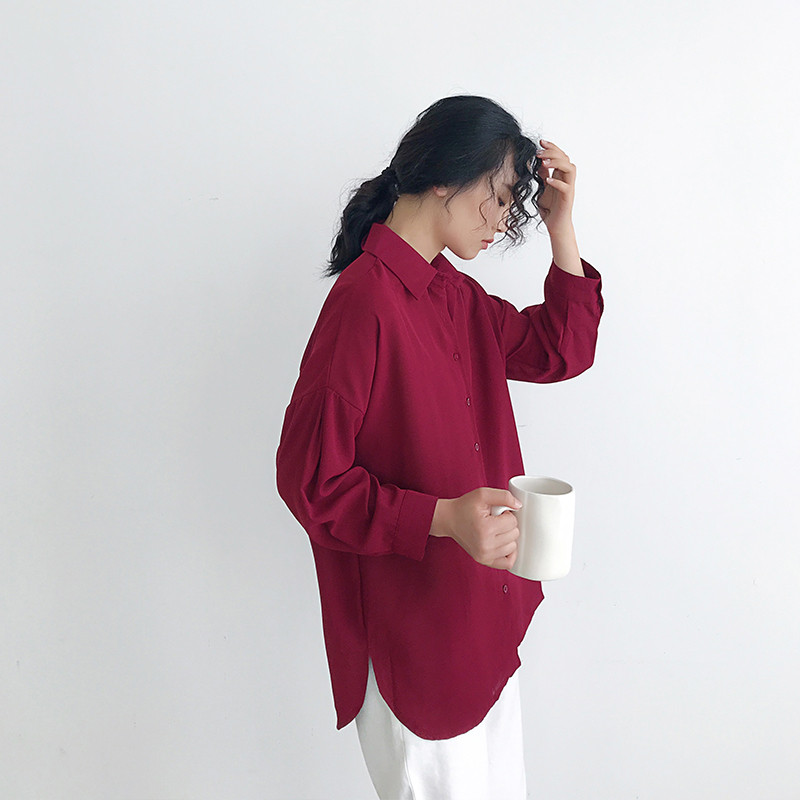 Nauja, moteriška, vientisa apykaklė, šifoninė palaidinė, per didelis mygtukas aukštyn Vyno raudonumo marškinėliai Korėjos stiliaus moteriška blusa T9O905F
