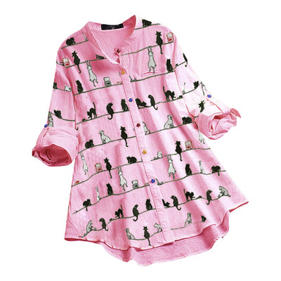 Bluze i košulje za dame, ležerna majica s dugim rukavima i o-izrezom s dugmićima, opuštena majica s mačjim printom, gornji dio široke široke korejske velike vintage bluze