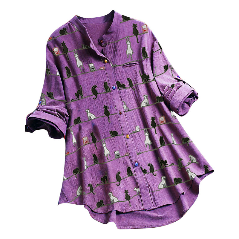 Bluze i košulje za dame, ležerna majica s dugim rukavima i o-izrezom s dugmićima, opuštena majica s mačjim printom, gornji dio široke široke korejske velike vintage bluze