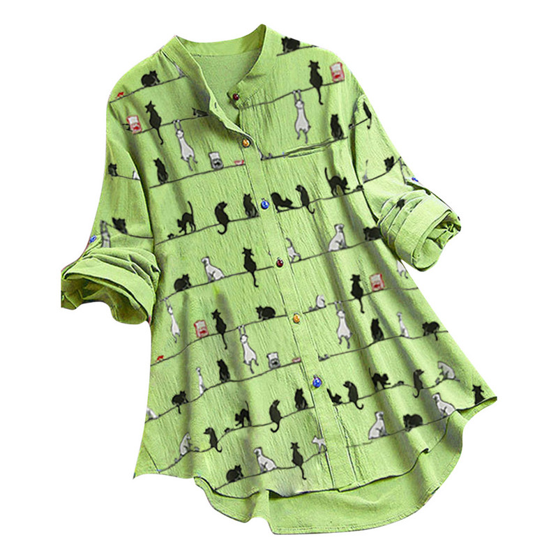 Bluze i košulje za dame, ležerna majica s dugim rukavima i o-izrezom s dugmićima, opuštena majica s mačjim printom, gornji dio široke široke korejske velike vintage bluze