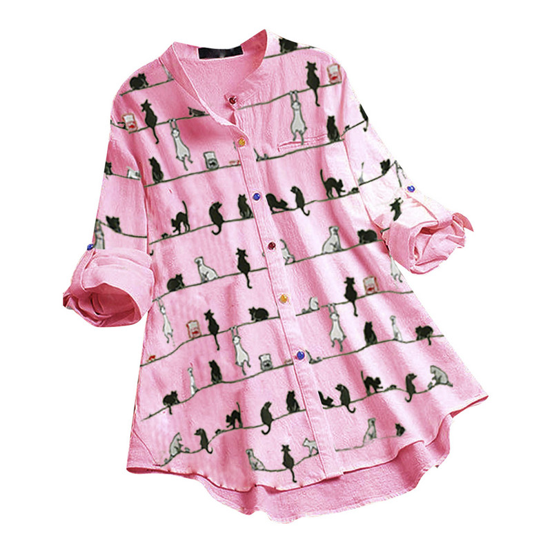 Bluze i košulje za dame, ležerna majica s dugim rukavima i o-izrezom s dugmićima, opuštena majica s mačjim printom, gornji dio široke široke korejske velike vintage bluze