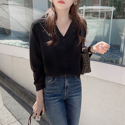 Balti marškiniai ilgomis rankovėmis su viena krūtine Elegantiška biuro moteriška palaidinė su V kakleliu Moteriška Prašmatni Korėjos viršūnė 7301