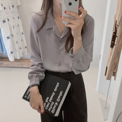 Balti marškiniai ilgomis rankovėmis su viena krūtine Elegantiška biuro moteriška palaidinė su V kakleliu Moteriška Prašmatni Korėjos viršūnė 7301