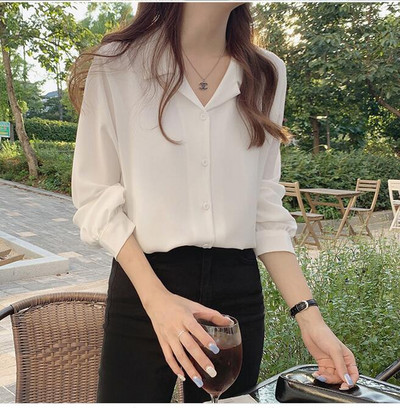 Balti marškiniai ilgomis rankovėmis su viena krūtine Elegantiška biuro moteriška palaidinė su V kakleliu Moteriška Prašmatni Korėjos viršūnė 7301