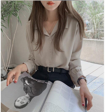 Balti marškiniai ilgomis rankovėmis su viena krūtine Elegantiška biuro moteriška palaidinė su V kakleliu Moteriška Prašmatni Korėjos viršūnė 7301