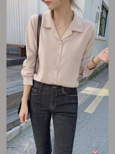 Balti marškiniai ilgomis rankovėmis su viena krūtine Elegantiška biuro moteriška palaidinė su V kakleliu Moteriška Prašmatni Korėjos viršūnė 7301