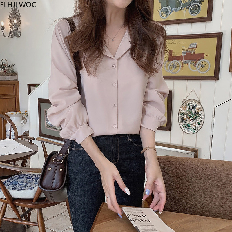 Balti marškiniai ilgomis rankovėmis su viena krūtine Elegantiška biuro moteriška palaidinė su V kakleliu Moteriška Prašmatni Korėjos viršūnė 7301