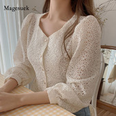 Bluză coreeană de damă cu decolteu în V Cămașă din dantelă scobită Topuri cu mâneci lungi, subțiri și sălbatice, haine vintage cu șireturi Bluse pentru femei 13100