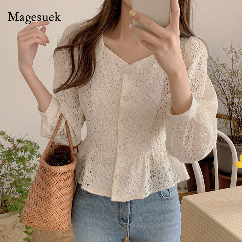 Bluză coreeană de damă cu decolteu în V Cămașă din dantelă scobită Topuri cu mâneci lungi, subțiri și sălbatice, haine vintage cu șireturi Bluse pentru femei 13100