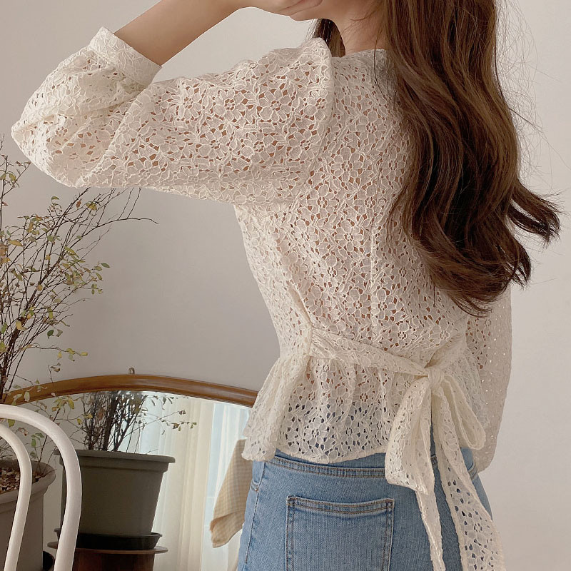 Bluză coreeană de damă cu decolteu în V Cămașă din dantelă scobită Topuri cu mâneci lungi, subțiri și sălbatice, haine vintage cu șireturi Bluse pentru femei 13100