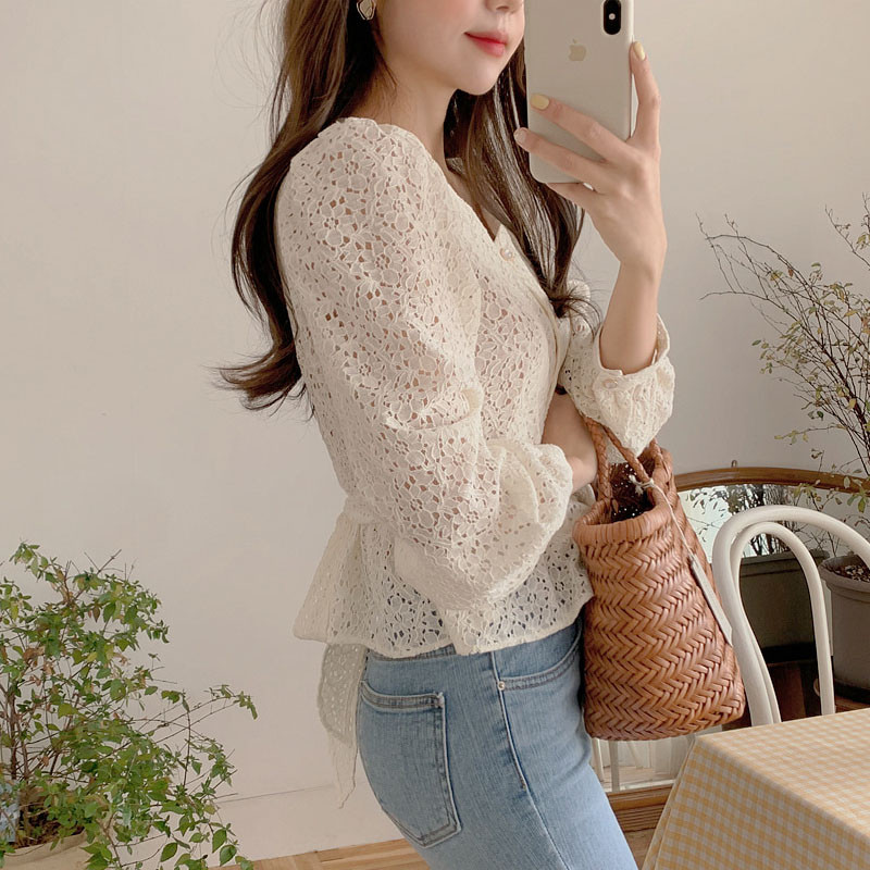 Bluză coreeană de damă cu decolteu în V Cămașă din dantelă scobită Topuri cu mâneci lungi, subțiri și sălbatice, haine vintage cu șireturi Bluse pentru femei 13100