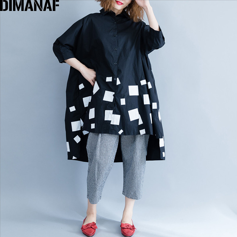 DIMANAF Ženska bluza Košulje dugih rukava Pamučna majica Jesen Femme Lady Velika široka odjeća s printom Spojena naborana velika veličina Crna