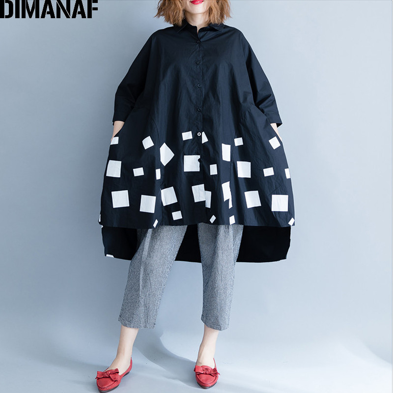 DIMANAF Ženska bluza Košulje dugih rukava Pamučna majica Jesen Femme Lady Velika široka odjeća s printom Spojena naborana velika veličina Crna
