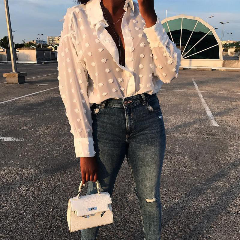 Topuri și bluze pentru damă, elegante, cu mânecă lungă, cămașă cu buline largi, bluză din șifon, pentru femei, bluză feminină