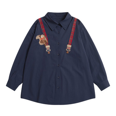 Proljetni visokokvalitetni modni dizajn Ženska pamučna bluza dugih rukava s otvorenim ovratnikom Ženske široke majice s kariranom zakrpom u obliku vjeverice