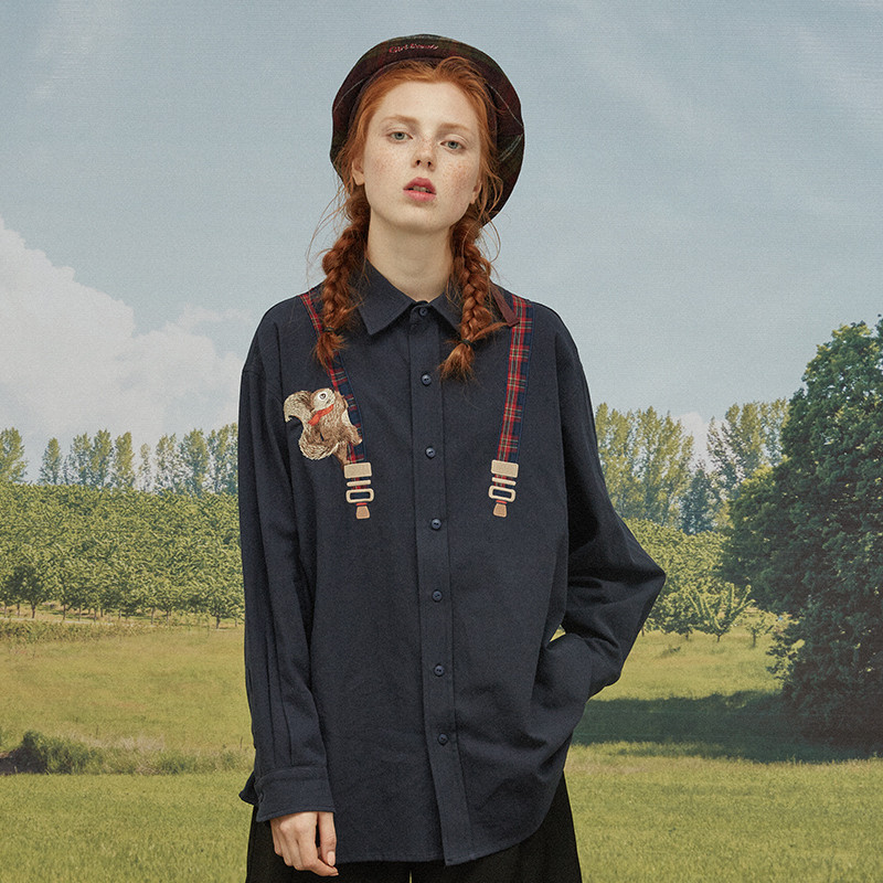 Proljetni visokokvalitetni modni dizajn Ženska pamučna bluza dugih rukava s otvorenim ovratnikom Ženske široke majice s kariranom zakrpom u obliku vjeverice