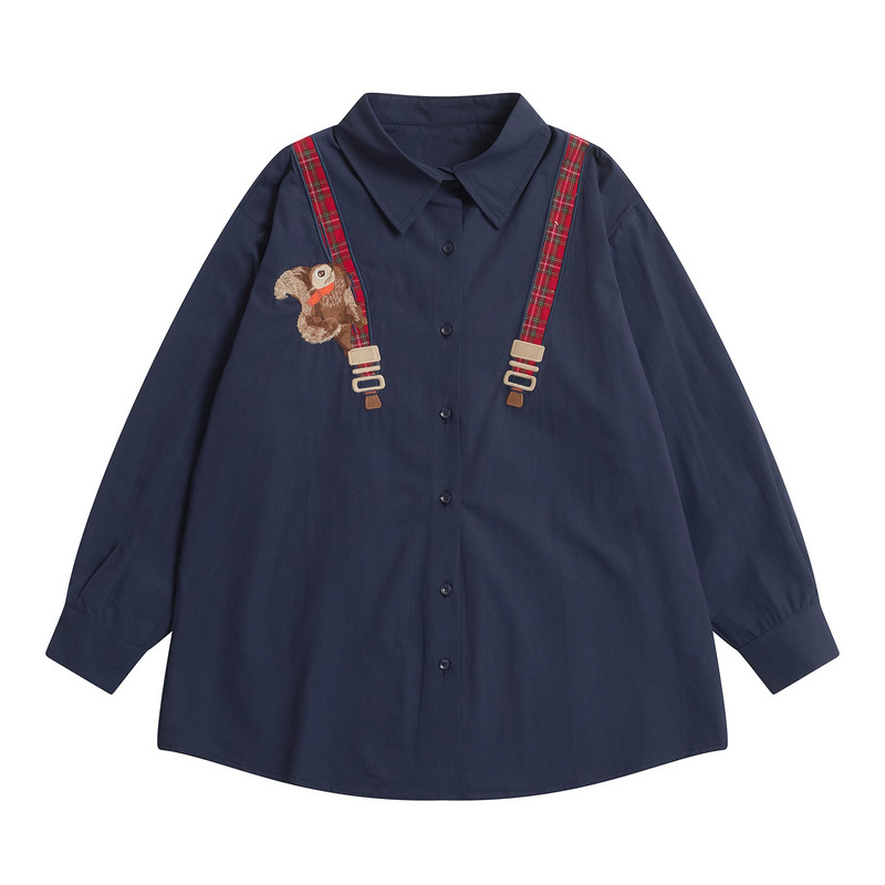 Proljetni visokokvalitetni modni dizajn Ženska pamučna bluza dugih rukava s otvorenim ovratnikom Ženske široke majice s kariranom zakrpom u obliku vjeverice