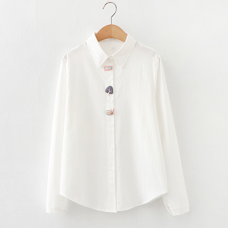 2021 m. pavasaris, naujas moteriškas laisvalaikio aplikacijos Medvilniniai balti marškiniai ilgomis rankovėmis trumpa palaidinė Rudeninė solidi, miela, miela mergaičių palaidinė T0D001F