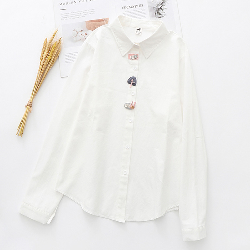 2021 m. pavasaris, naujas moteriškas laisvalaikio aplikacijos Medvilniniai balti marškiniai ilgomis rankovėmis trumpa palaidinė Rudeninė solidi, miela, miela mergaičių palaidinė T0D001F