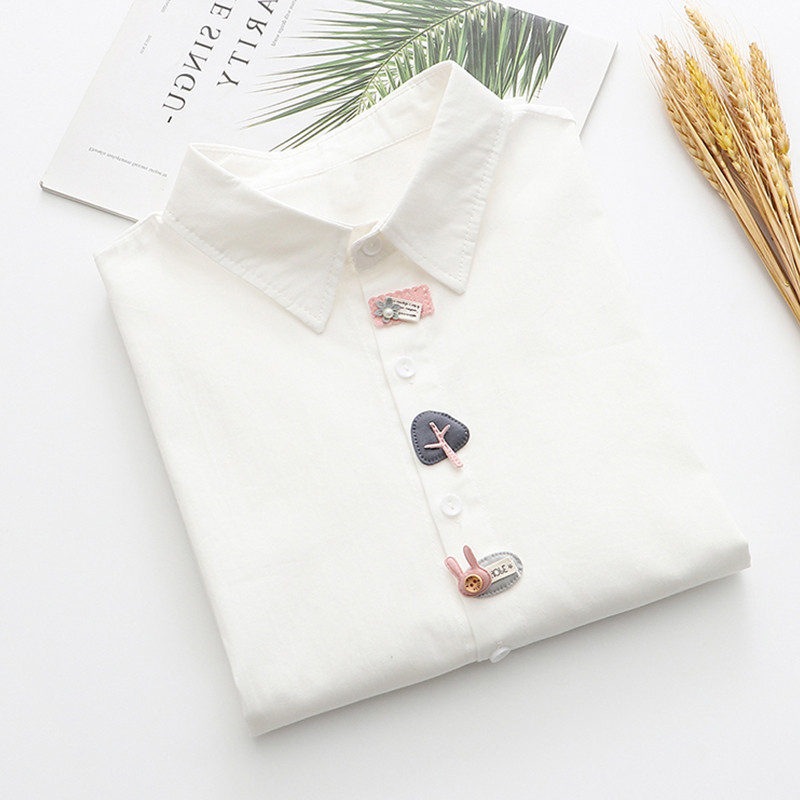 2021 m. pavasaris, naujas moteriškas laisvalaikio aplikacijos Medvilniniai balti marškiniai ilgomis rankovėmis trumpa palaidinė Rudeninė solidi, miela, miela mergaičių palaidinė T0D001F