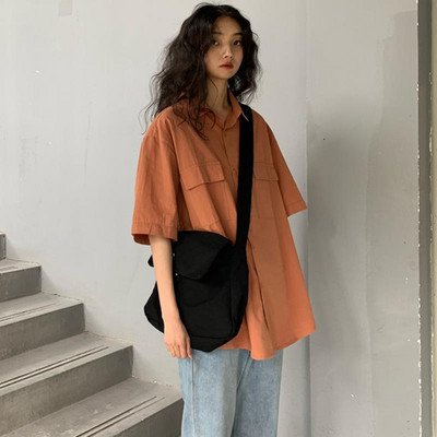 Μπλούζα Γυναικεία πουκάμισα με γυριστό γιακά Κοντό μανίκι καλοκαιρινές μασίφ ρετρό τσέπες Χαλαρές γυναικείες streetwear Harajuku Stylish All-match