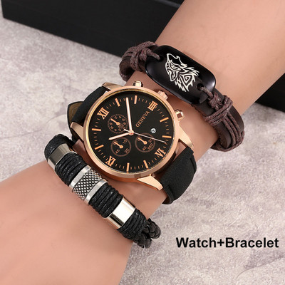 Divat Alkalmi kvarc óra férfiaknak Barna bőr farkas fonott karkötő karkötő Gfit szett férfiaknak Barát Regalos Para Hombre