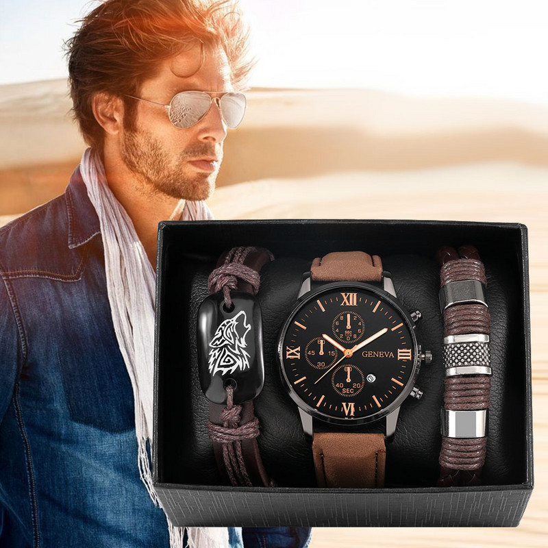 Divat Alkalmi kvarc óra férfiaknak Barna bőr farkas fonott karkötő karkötő Gfit szett férfiaknak Barát Regalos Para Hombre