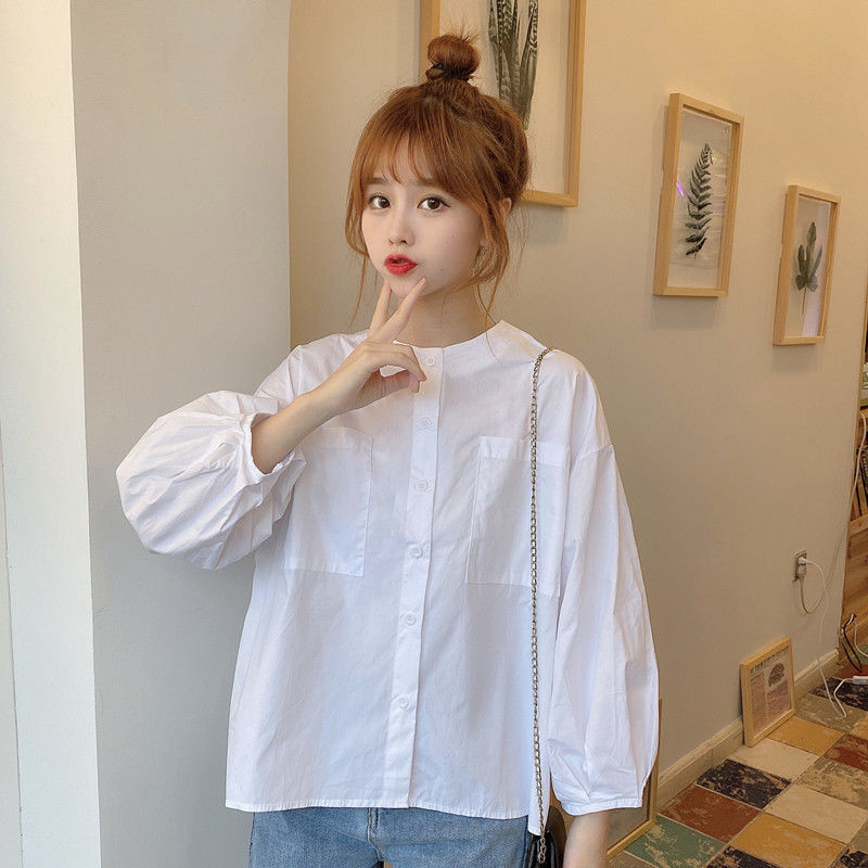 Cămăși pentru femei Toamnă Nouă cu decolteu în formă de lanternă mânecă cu un singur piept în stil coreean Fete Dulce Timp liber Îmbrăcăminte simplă Topuri Bluze șic