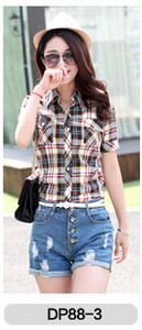 Marka Ženska karirana bluza Pamuk kratkih rukava Velike ženske tanke košulje Ležerna blusa feminina Ljetna odjeća za djevojčice XXXL HS1288